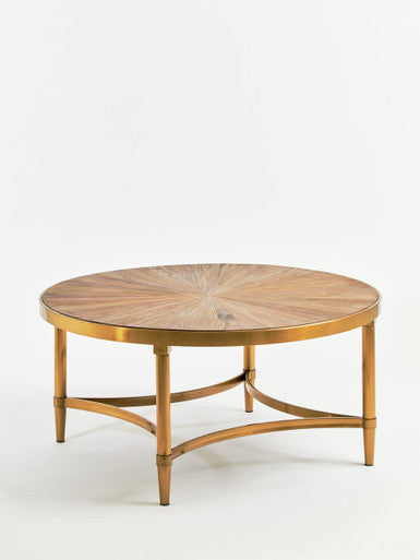 Gold Aged Fir Wood Rustic Top Coffee Table with Stainless Steel Curved Base, Jana