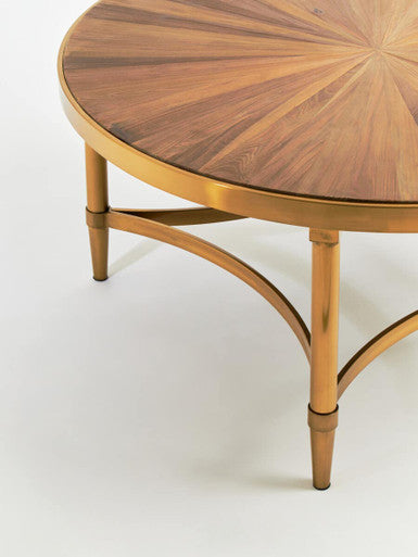Gold Aged Fir Wood Rustic Top Coffee Table with Stainless Steel Curved Base, Jana