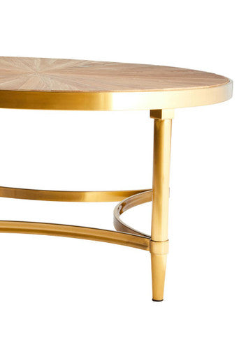 Gold Aged Fir Wood Rustic Top Coffee Table with Stainless Steel Curved Base, Jana