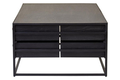 Black Finish 4-Drawer Coffee Table with Metallic Handles and Iron Frame, Judd