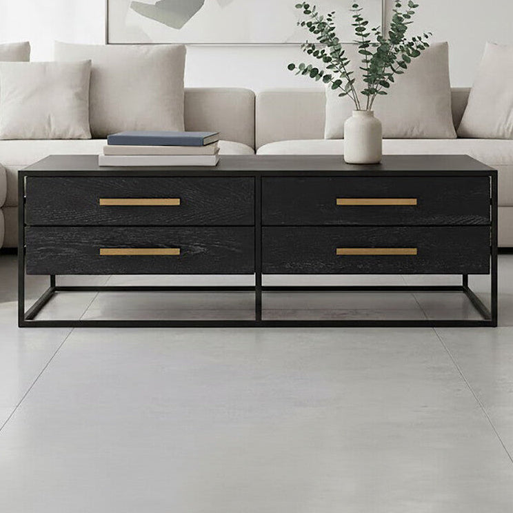 Black Finish 4-Drawer Coffee Table with Metallic Handles and Iron Frame, Judd