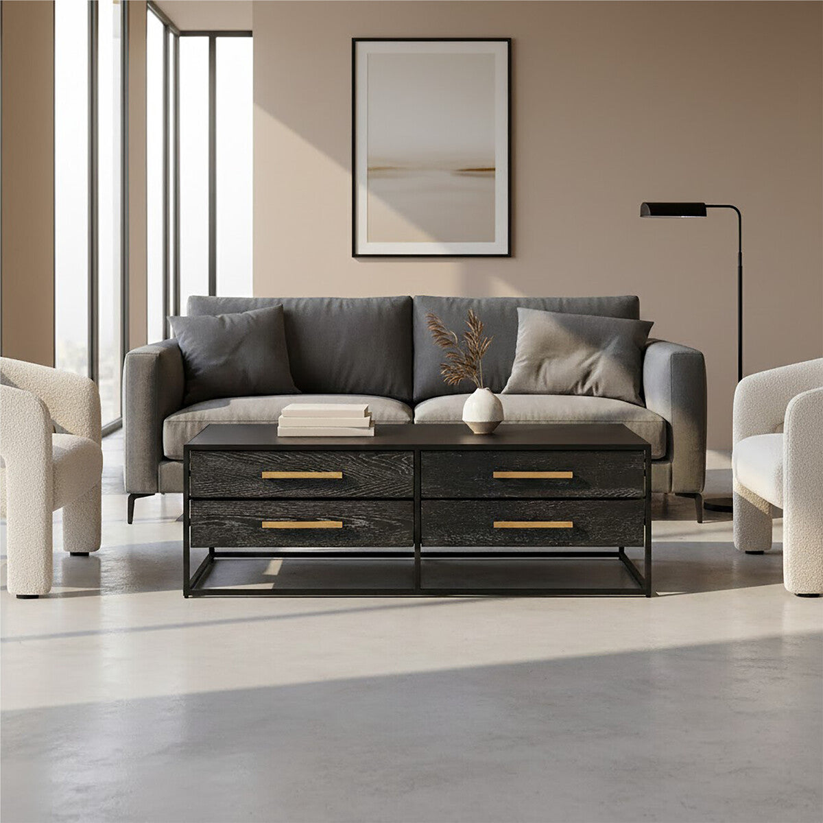 Black Finish 4-Drawer Coffee Table with Metallic Handles and Iron Frame, Judd