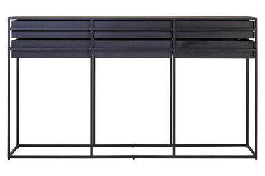 Black Finish 6-Drawer Coffee Table with Metallic Handles and Iron Frame, Judd