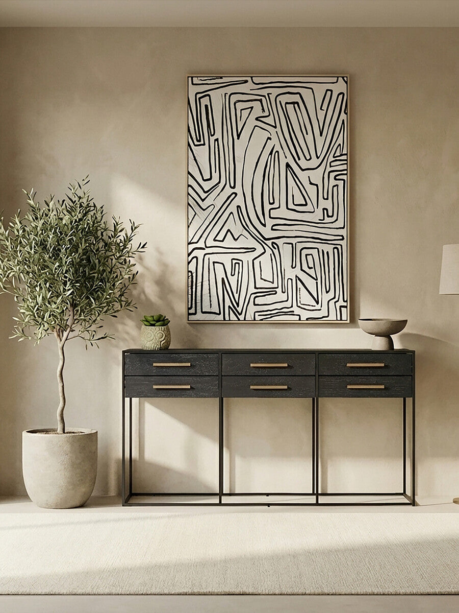 Black Finish 6-Drawer Coffee Table with Metallic Handles and Iron Frame, Judd