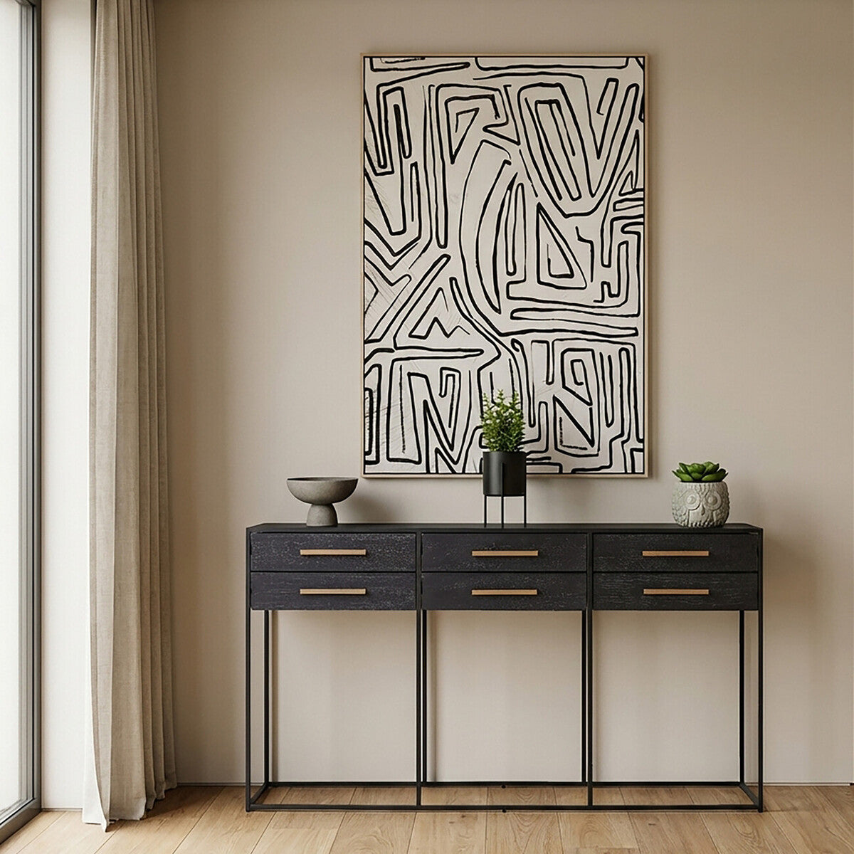Black Finish 6-Drawer Coffee Table with Metallic Handles and Iron Frame, Judd