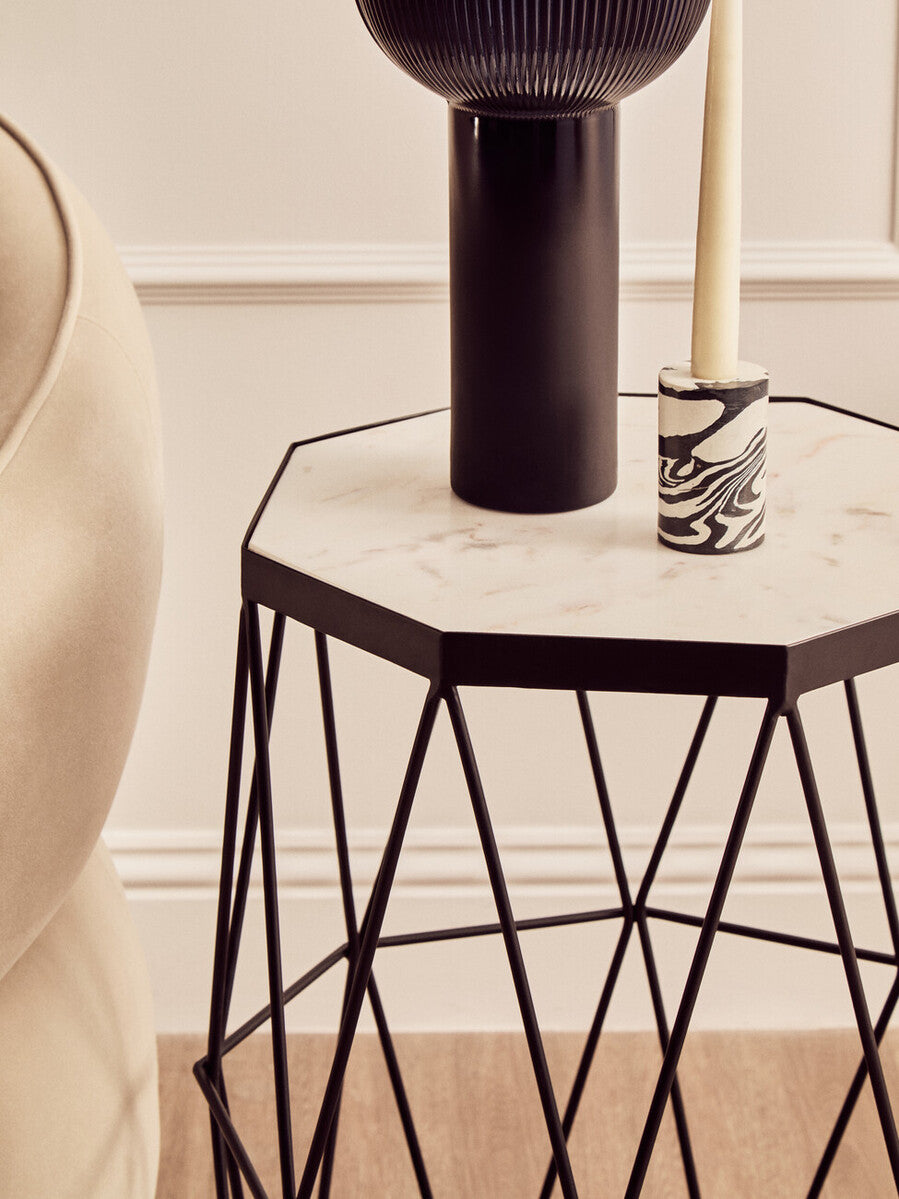 Black Angular Iron Frame Side Table with White Marble Top, Shalimar
