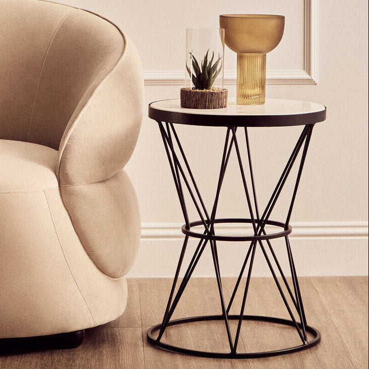 White Marble Top Side Table with Black Triangular Iron Base, Shalimar