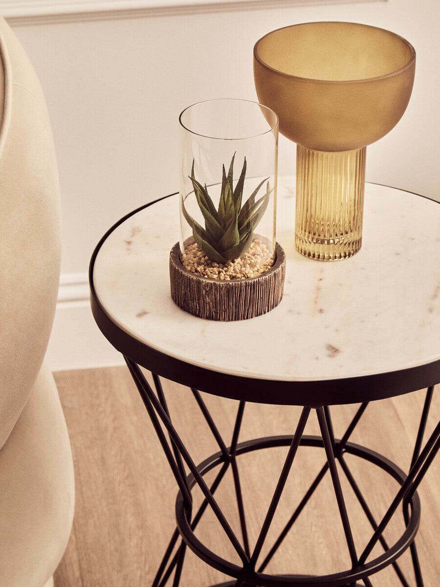 White Marble Top Side Table with Black Triangular Iron Base, Shalimar