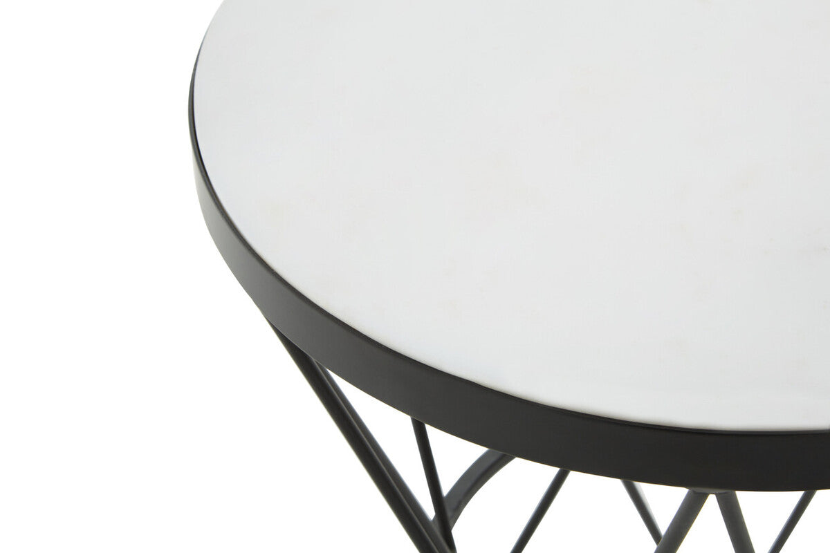 White Marble Top Side Table with Black Triangular Iron Base, Shalimar