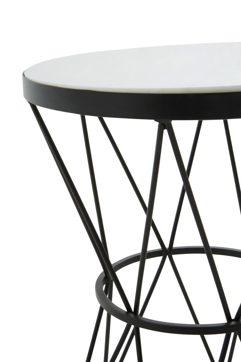 White Marble Top Side Table with Black Triangular Iron Base, Shalimar