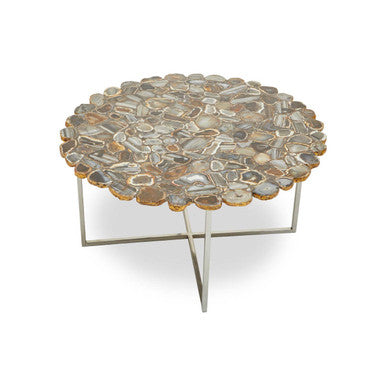 Silver and Assorted Agate Stone Top Coffee Table with Stainless Steel Cross Legs, Rabia