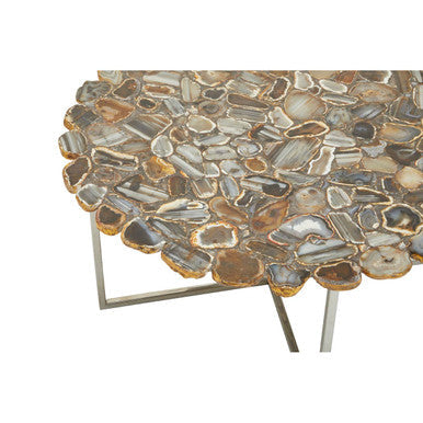 Silver and Assorted Agate Stone Top Coffee Table with Stainless Steel Cross Legs, Rabia