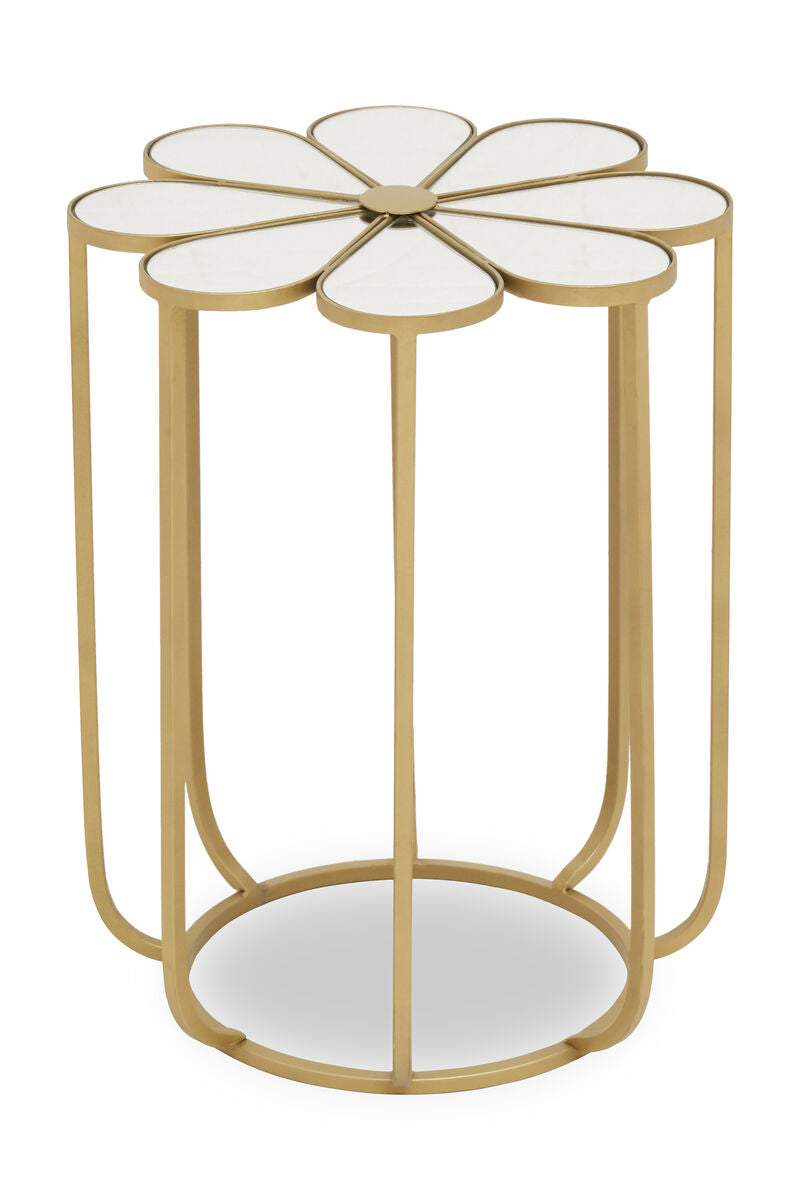 White and Gold Iron Frame Side Table with Petal Design Mirrored Top, Rabia