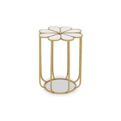 White and Gold Iron Frame Side Table with Petal Design Mirrored Top, Rabia