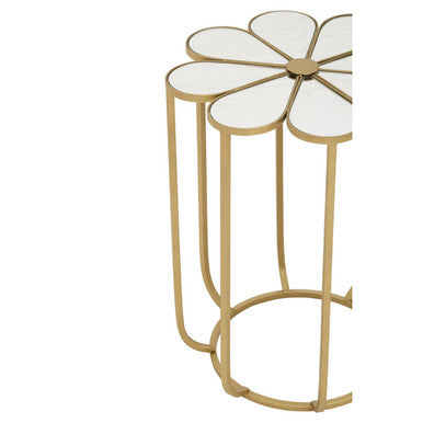 White and Gold Iron Frame Side Table with Petal Design Mirrored Top, Rabia