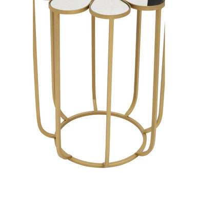 White and Gold Iron Frame Side Table with Petal Design Mirrored Top, Rabia