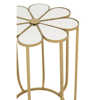 White and Gold Iron Frame Side Table with Petal Design Mirrored Top, Rabia