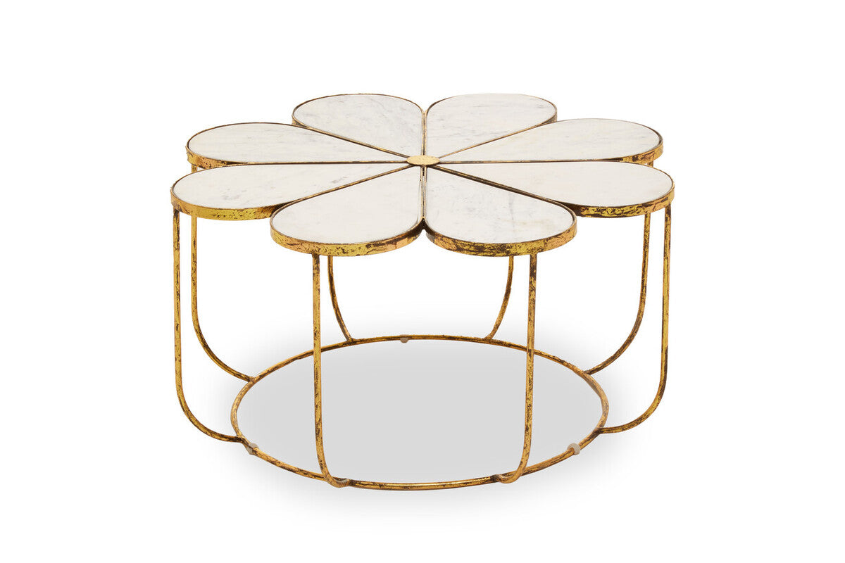 White Polished Marble Top Coffee Table with Petal Design Openwork Base, Rabia