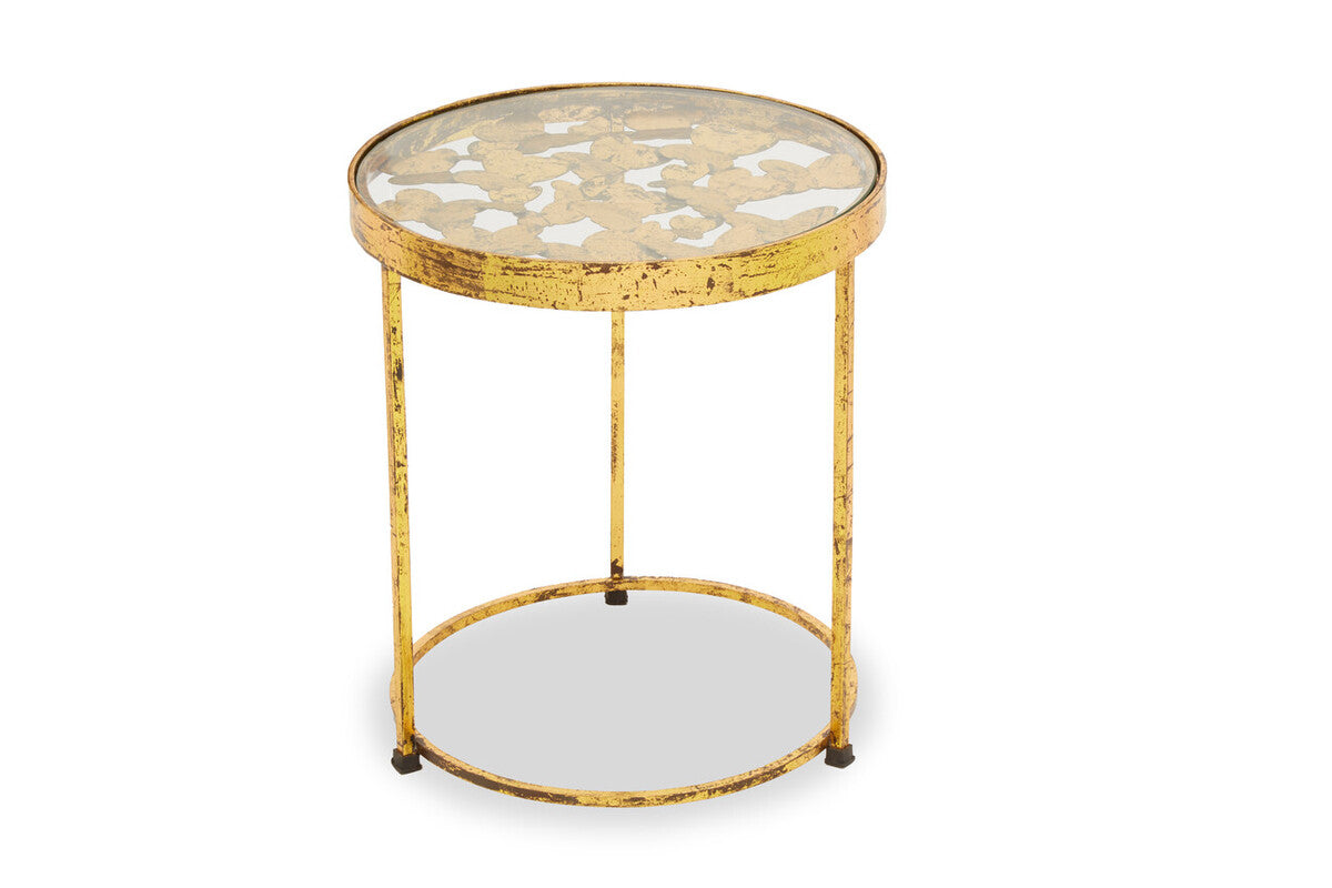 Butterfly Round Side Table with Glass Top and Gold Finish, Rabia