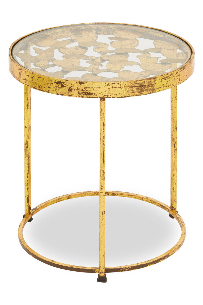 Butterfly Round Side Table with Glass Top and Gold Finish, Rabia