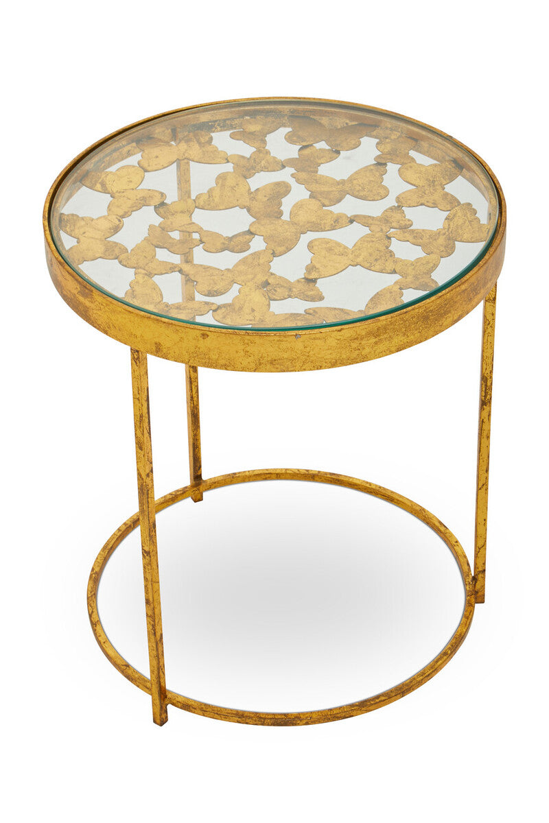 Butterfly Round Side Table with Glass Top and Gold Finish, Rabia