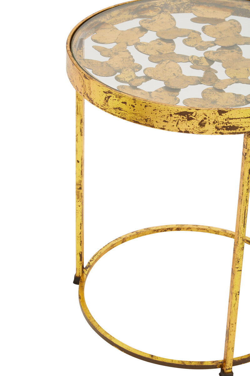 Butterfly Round Side Table with Glass Top and Gold Finish, Rabia