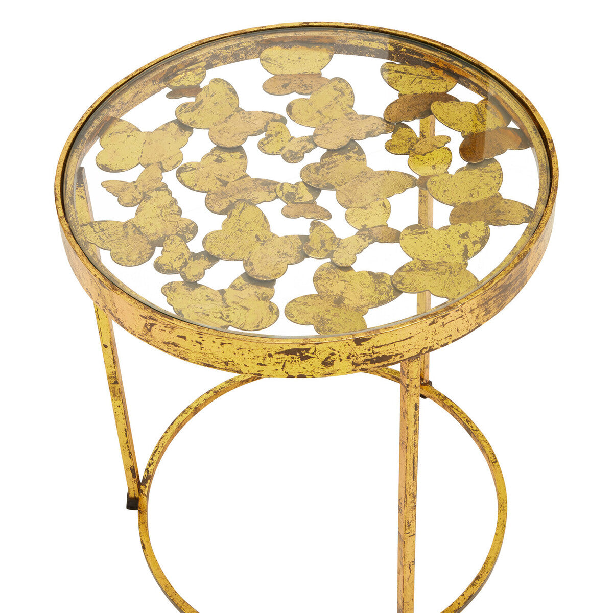 Butterfly Round Side Table with Glass Top and Gold Finish, Rabia