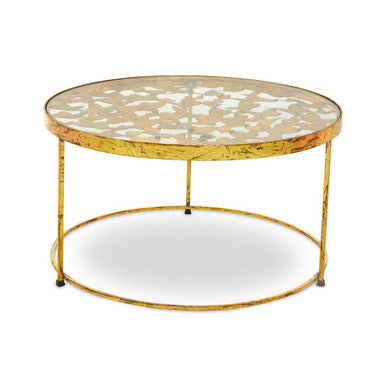 Butterfly Round Coffee Table with Glass Top and Gold Finish, Rabia