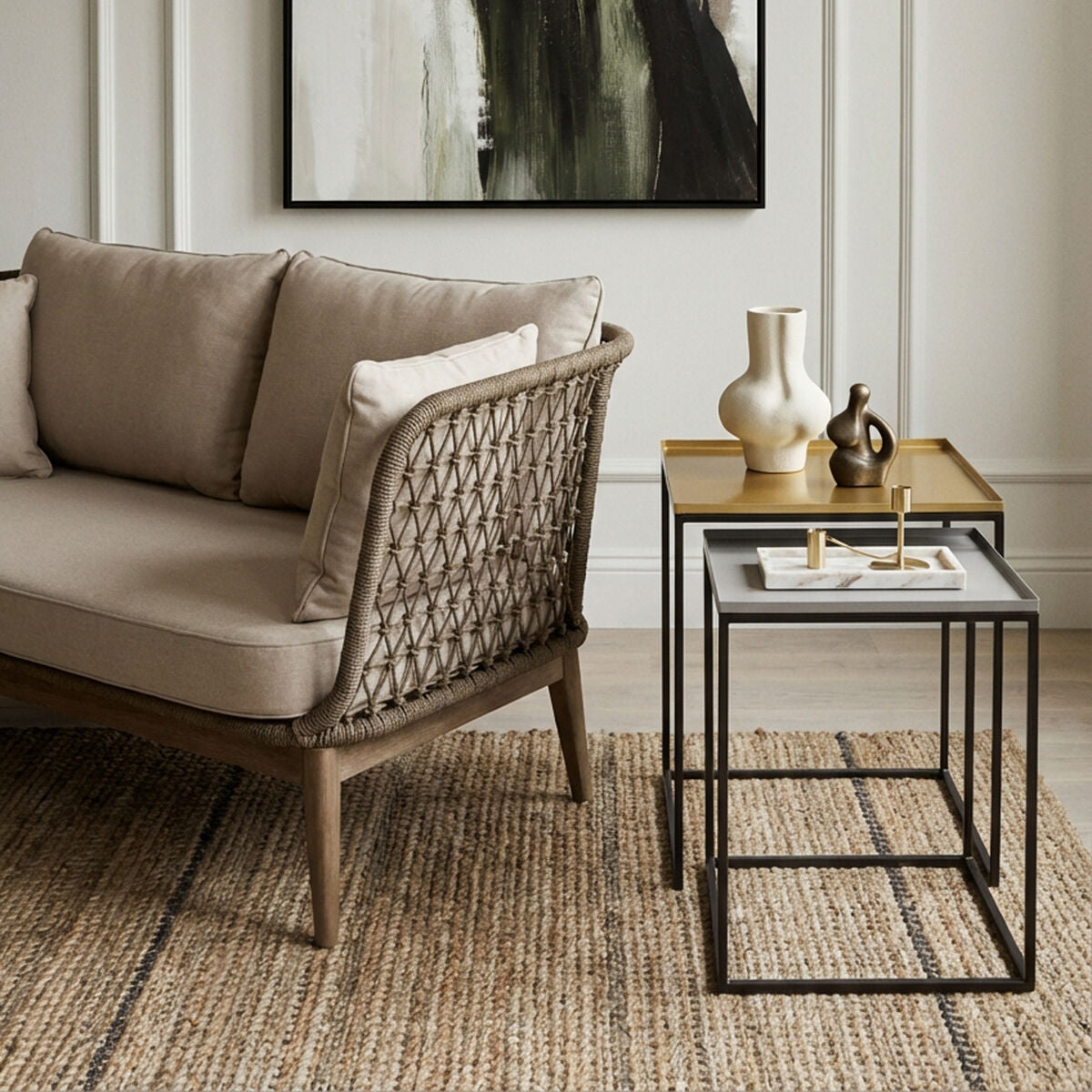 Gold and Silver Set of 2 Nesting Side Table with Multi-Size Tabletops, Rabia