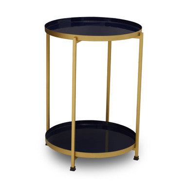 Blue Enamel Metal Two-Tier Side Table with Brass Finish Frame, Rabia