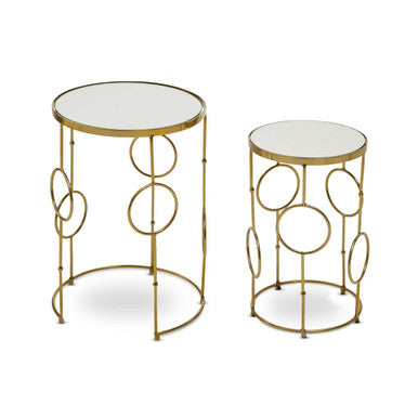 Gold Warm Metallic Finish Set of 2 Side Table with Multi Circle Pattern, Rabia