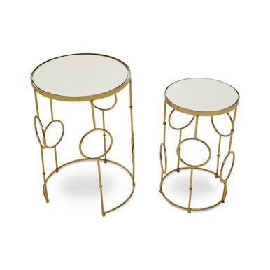 Gold Warm Metallic Finish Set of 2 Side Table with Multi Circle Pattern, Rabia