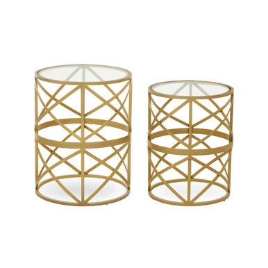 Gold Mirrored Top Set of 2 Side Table with Diamond Pattern Frames, Rabia