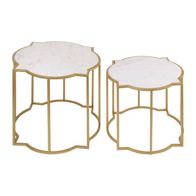 White Marble Quatrefoil Top Set of 2 Side Table with Brass Finish Frames, Rabia
