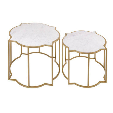 White Marble Quatrefoil Top Set of 2 Side Table with Brass Finish Frames, Rabia