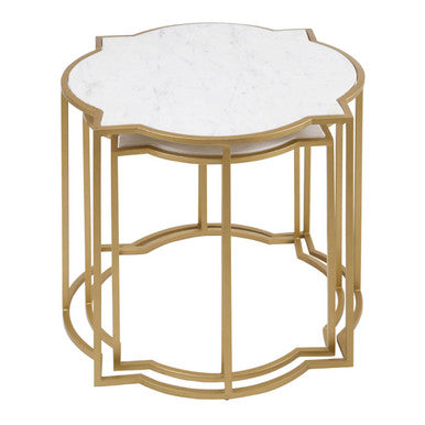 White Marble Quatrefoil Top Set of 2 Side Table with Brass Finish Frames, Rabia
