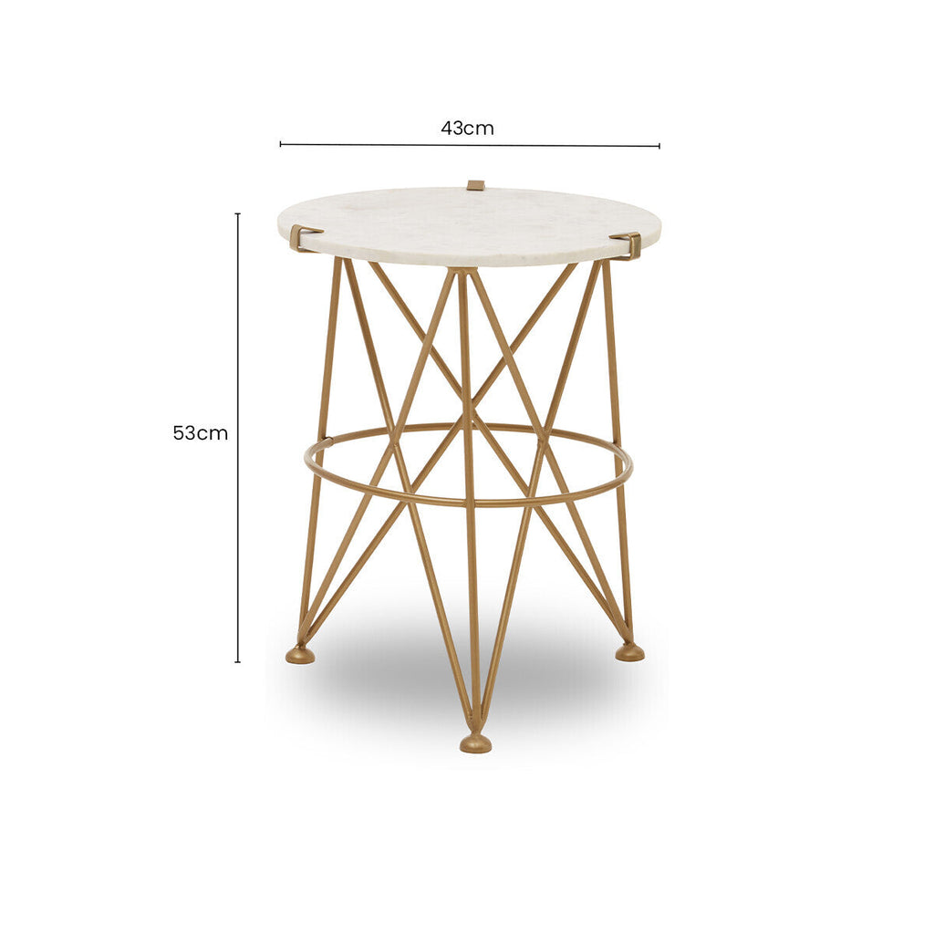 White Rounded Marble Top Side Table with Gold Brass Finish Intersecting Legs | Rabia