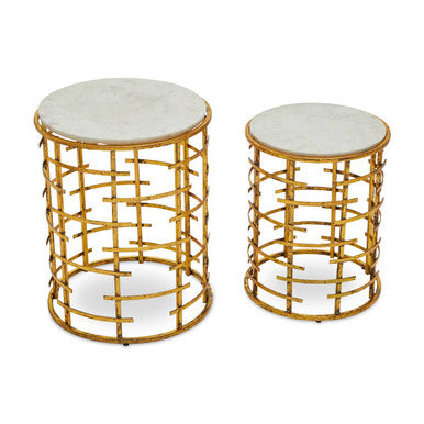 Set of 2 White Marble Tops Round Nesting Tables with Gold Metallic Base, Rabia