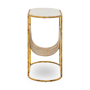 White Marble Top Side Table with Curved Magazine Rack and Gold Metallic Frame, Rabia