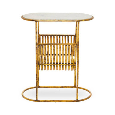 White Marble Top Side Table with Curved Magazine Rack and Gold Metallic Frame, Rabia