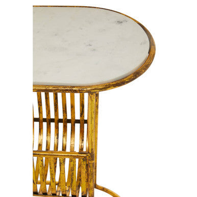 White Marble Top Side Table with Curved Magazine Rack and Gold Metallic Frame, Rabia