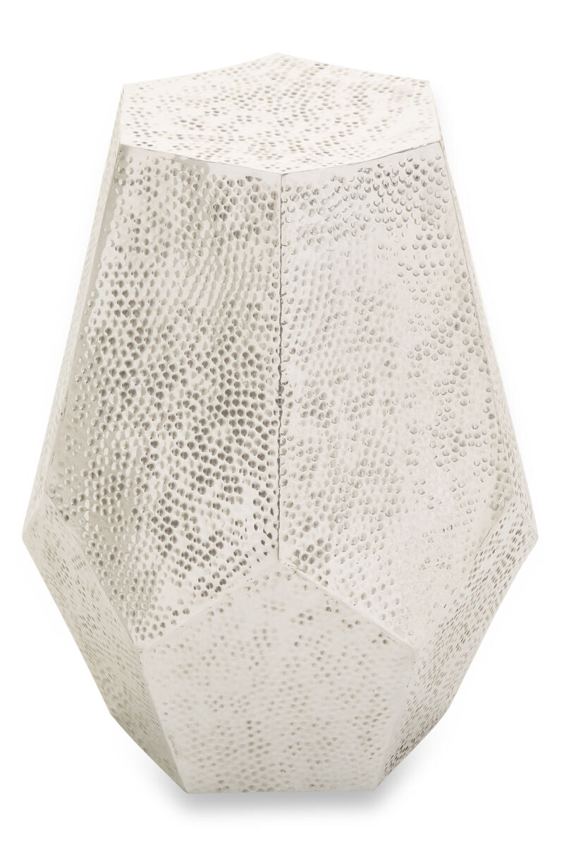 Grey Polished Aluminium Drum Side Table with Geometric Detail Pattern, Rabia