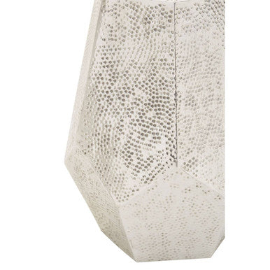 Grey Polished Aluminium Drum Side Table with Geometric Detail Pattern, Rabia