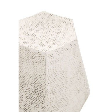 Grey Polished Aluminium Drum Side Table with Geometric Detail Pattern, Rabia