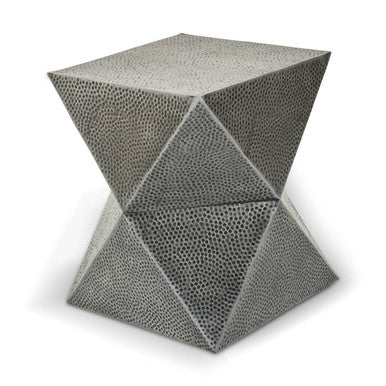Grey Square Stool with Geometric Detailing and Antique Zinc Finish, Rabia