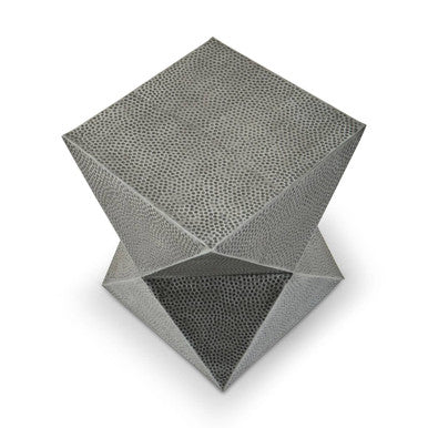 Grey Square Stool with Geometric Detailing and Antique Zinc Finish, Rabia