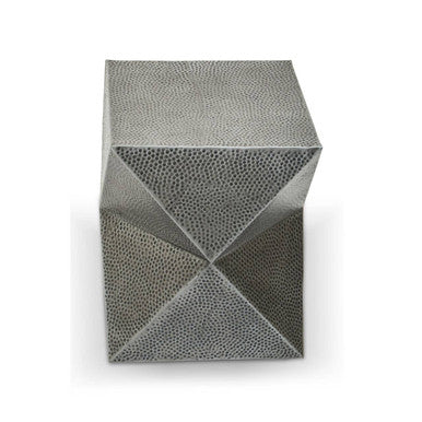 Grey Square Stool with Geometric Detailing and Antique Zinc Finish, Rabia