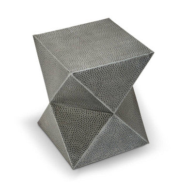Grey Square Stool with Geometric Detailing and Antique Zinc Finish, Rabia