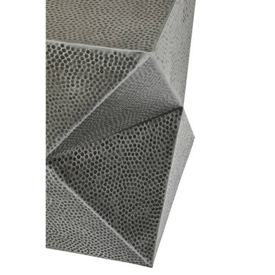 Grey Square Stool with Geometric Detailing and Antique Zinc Finish, Rabia