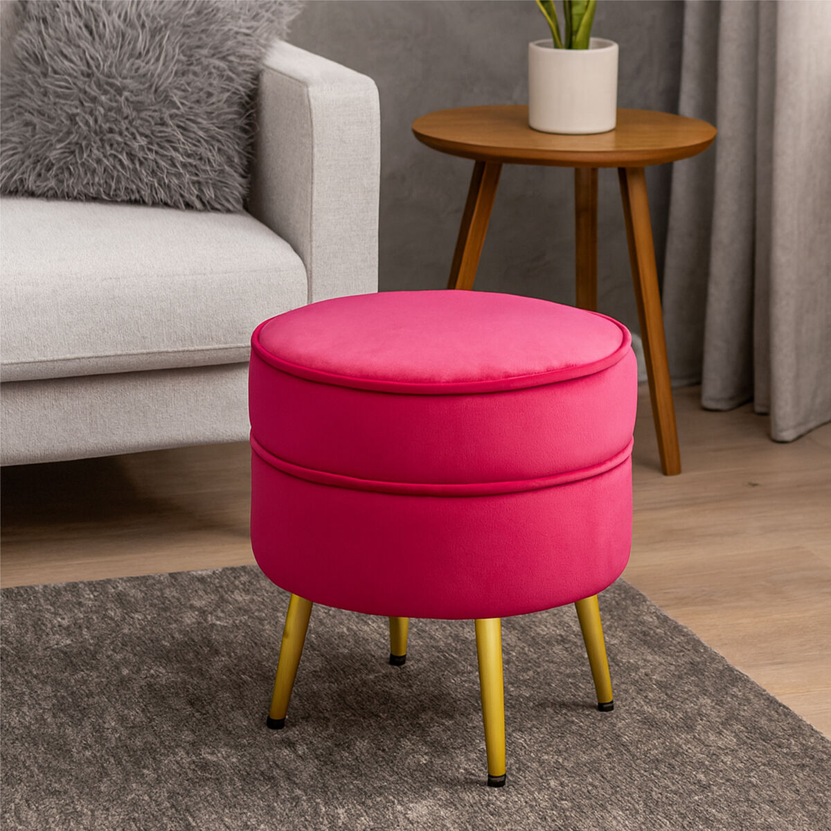 Tamra Bright Pink Velvet Footstool with Gold Finish Legs